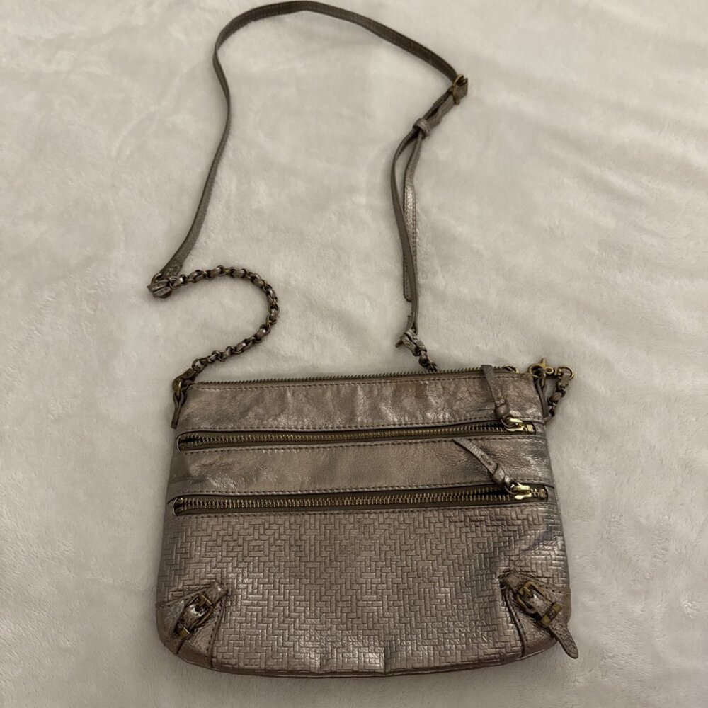 Elliott Lucca Mari Metallic Bronze‎ Leather Flat Zippers Crossbody Bag